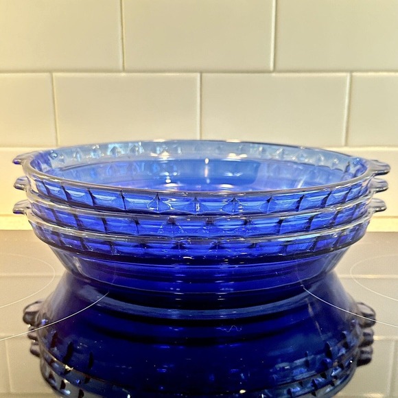 Cobalt Blue PYREX Round Glass (3) Fluted Pie Pan #229 Deep Dish Plate 9.5"-3 vtg
